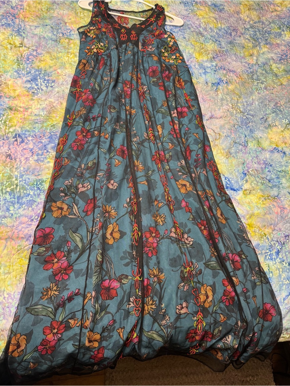 New, without tags, long dress with red &  gold, blue Floral Print